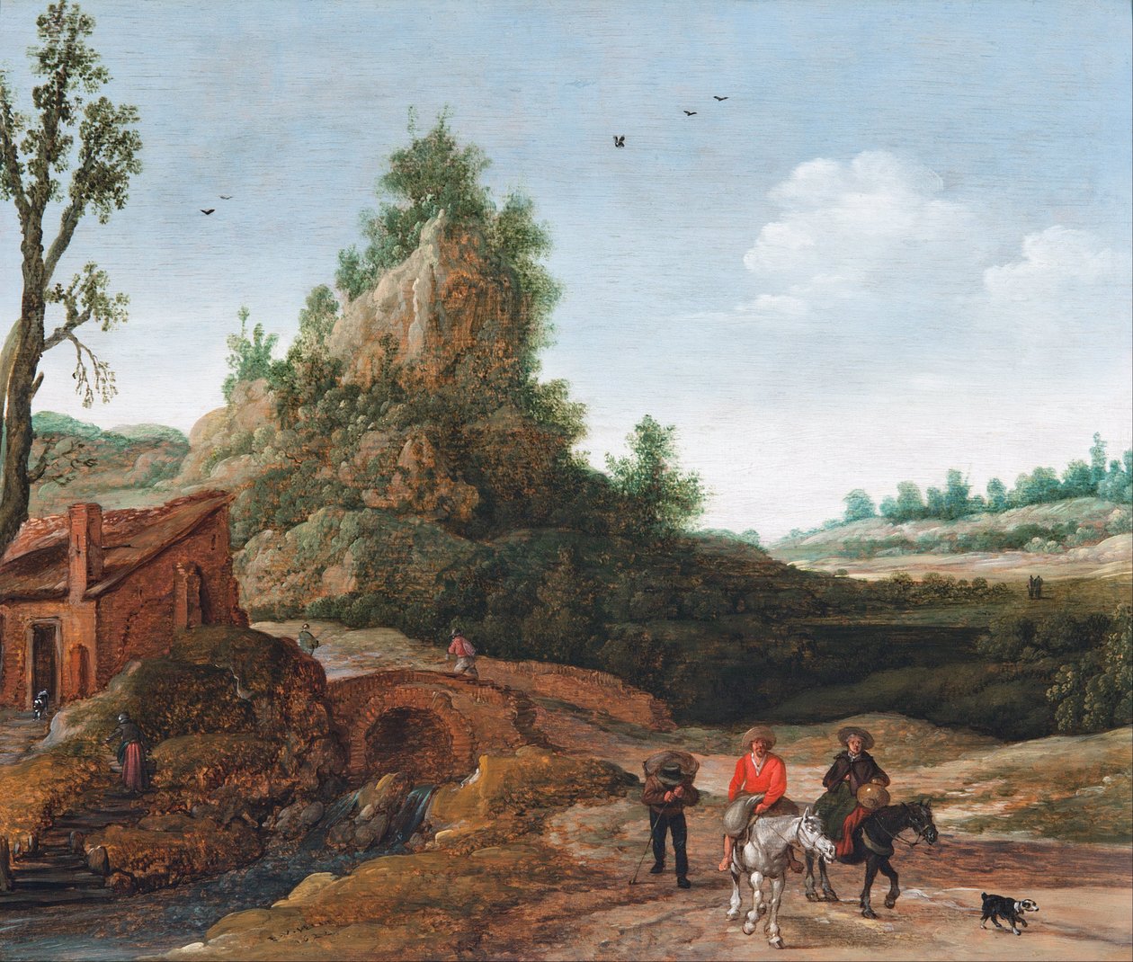 Een landschap met reizigers die een brug oversteken voor een kleine woning, ruiters op de voorgrond door Esaias van de Velde