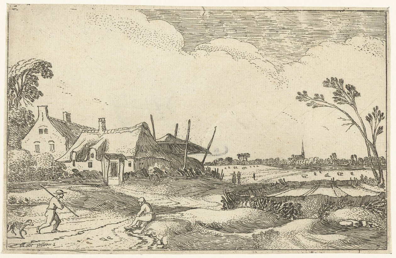 Boerderij aan een pad en vergezicht over velden door Esaias van de Velde