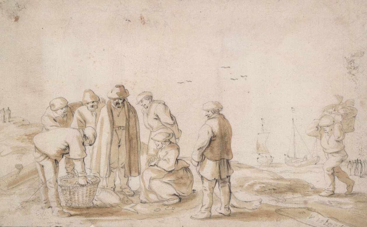 Vishandelaren op het strand door Esaias van de Velde