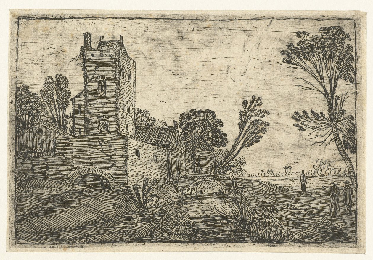 Hoge vierkante toren achter een muur gelegen aan een gracht door Esaias van de Velde