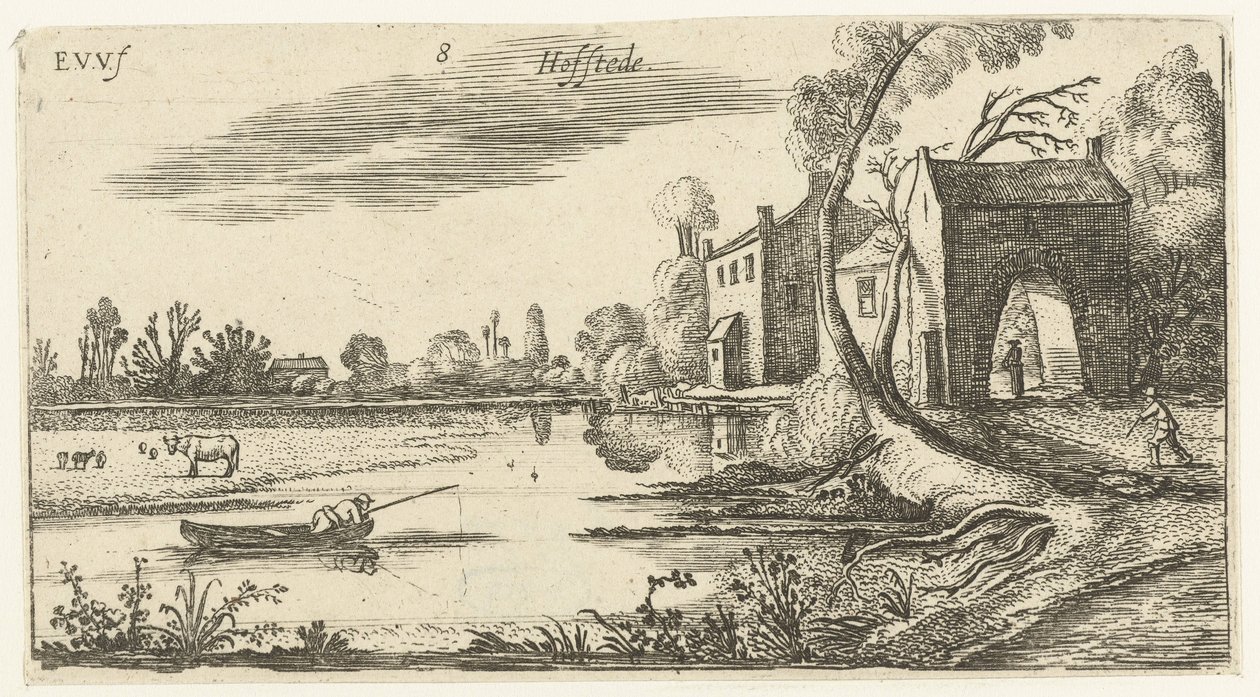 Landschap met een rivier en poortgebouw door Esaias van de Velde