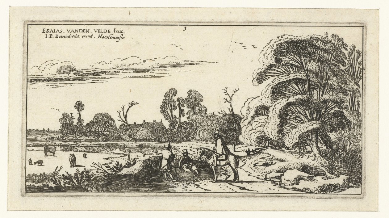 Ruiter en wandelaars op een weg bij Lisse door Esaias van de Velde