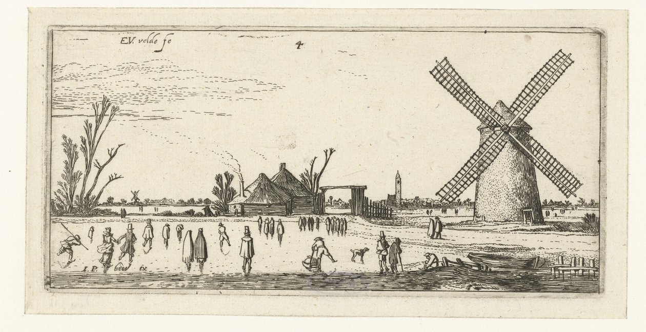 Schaatsers op het ijs bij een molen in de buurt van Penningsveer door Esaias van de Velde
