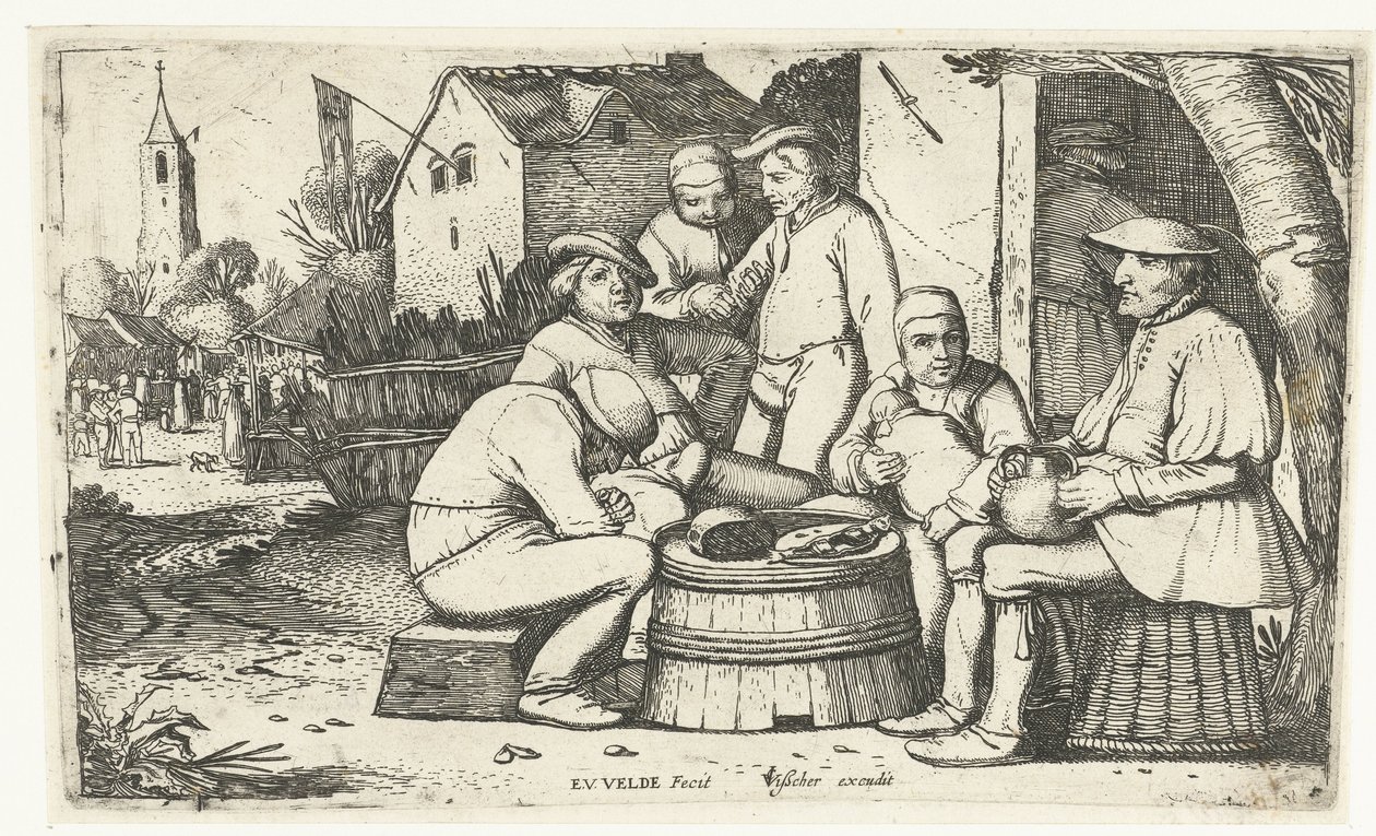 Zes boeren zittend rond een ton bij een herberg door Esaias van de Velde