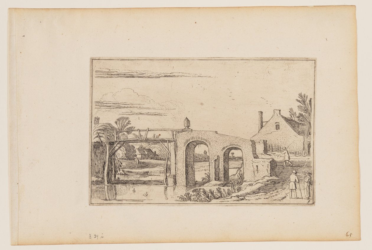 Pad rechts van een houten en stenen brug door Esaias van den Velde I