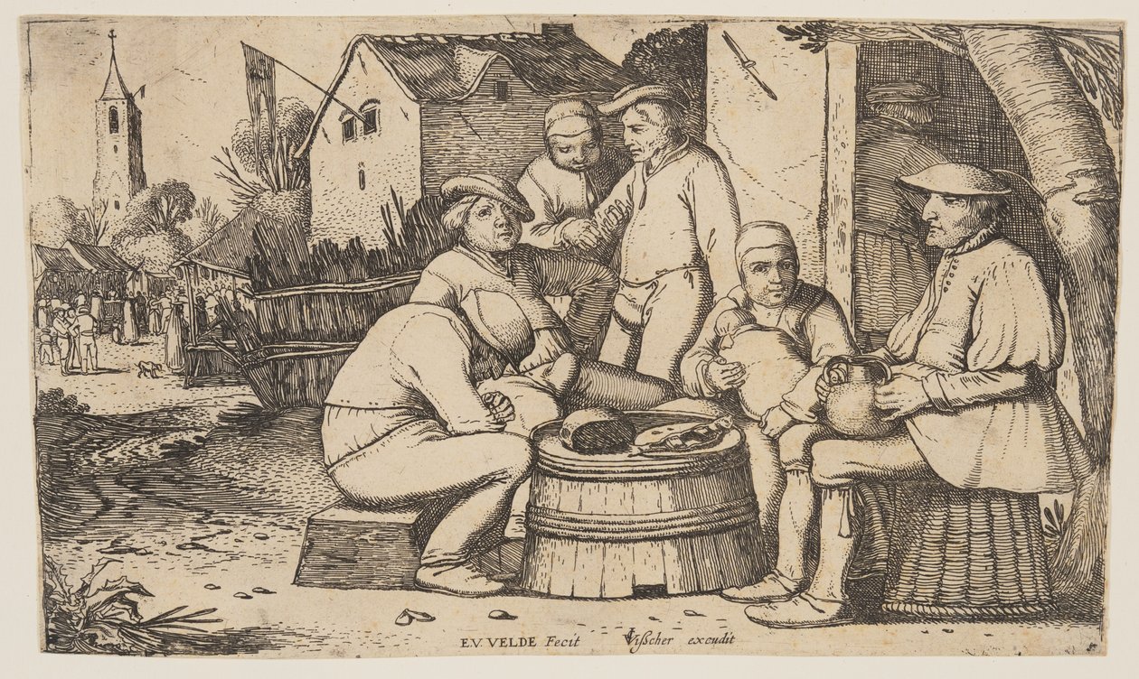 Zes boeren gebruiken een ton als tafel door Esaias van den Velde I