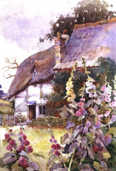 Stokrozen Buiten een Rieten Huisje door Ethel Davies