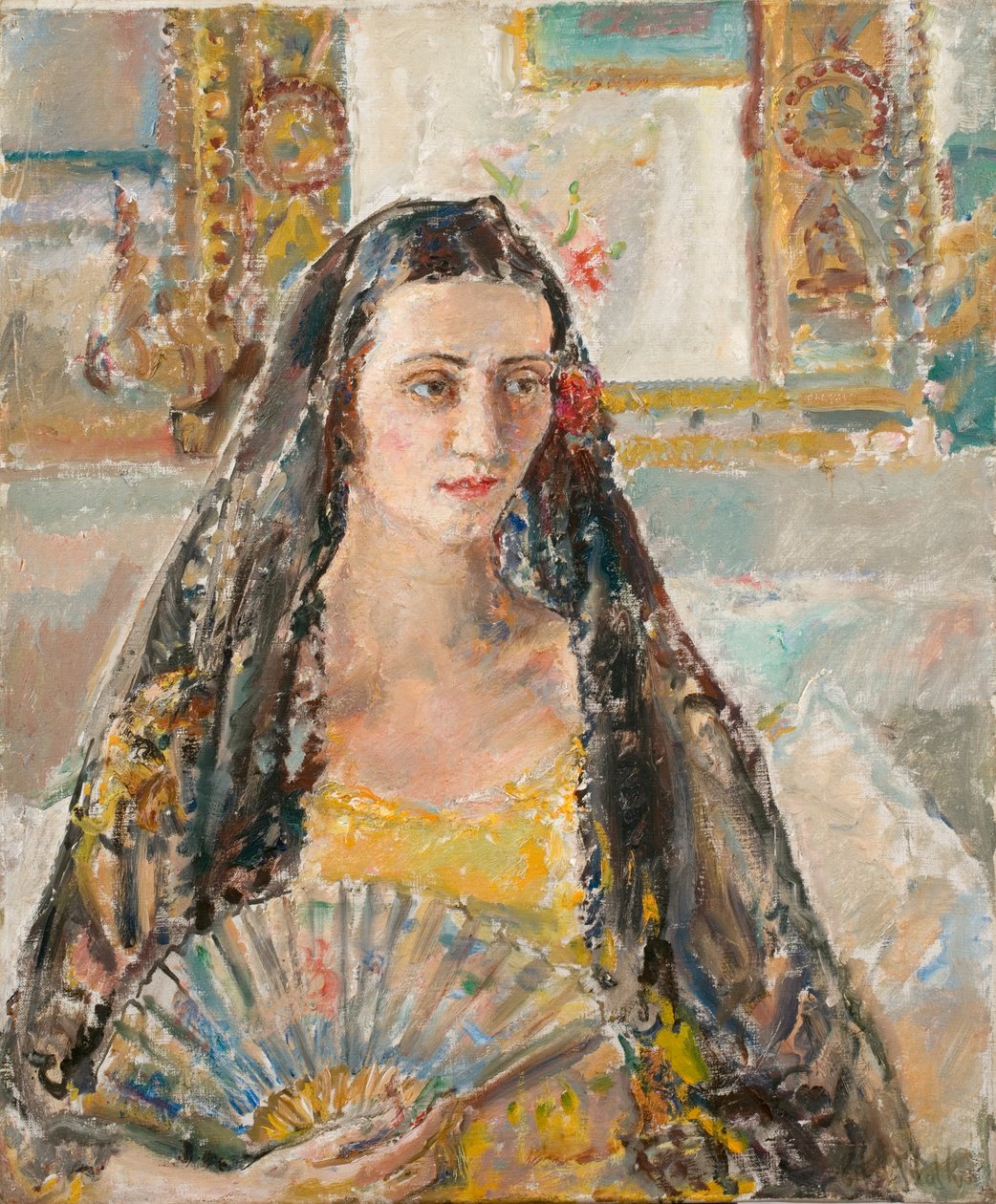 Dame met waaier, exh. 1926 (olieverf op doek) door Ethel Walker