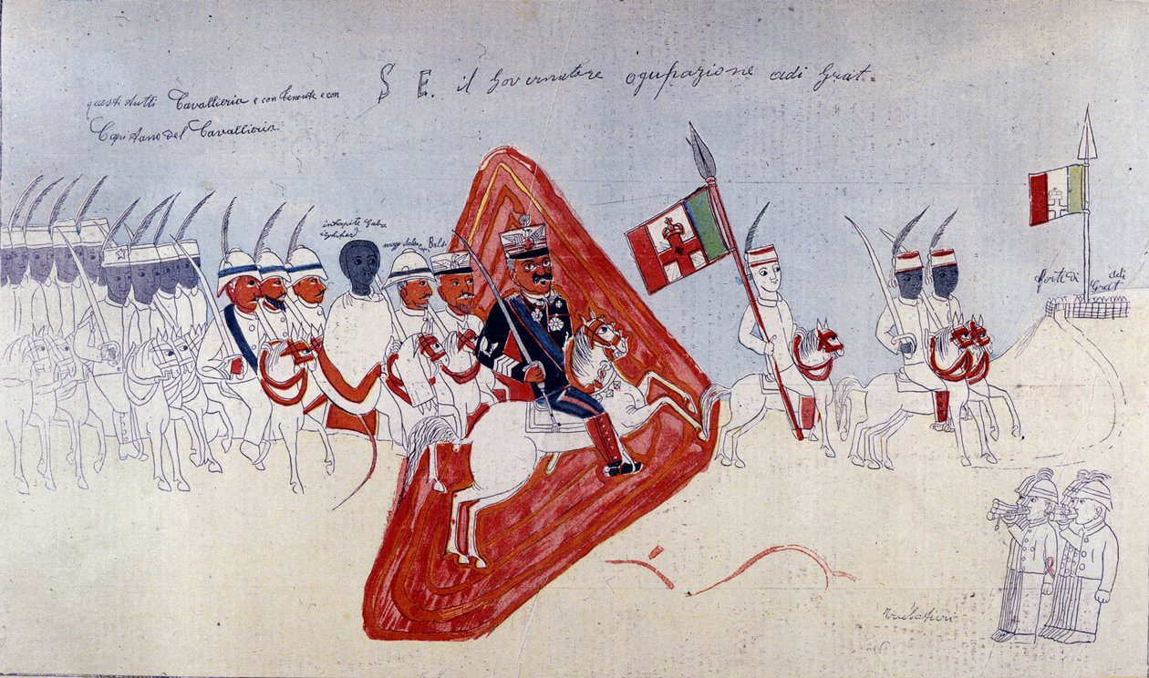 Abyssinische tekening die Generaal Baratieri toont die naar Adigrat loopt door Ethiopian School