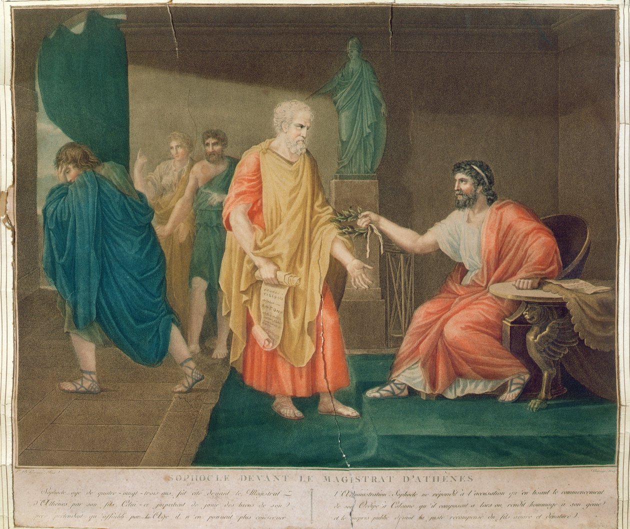 Sophocles (ca. 496-405 v.Chr.) op 83-jarige leeftijd geëerd met een olijfkrans door de Atheense magistraat (kleurgravure) door Etienne Barthelemy Garnier