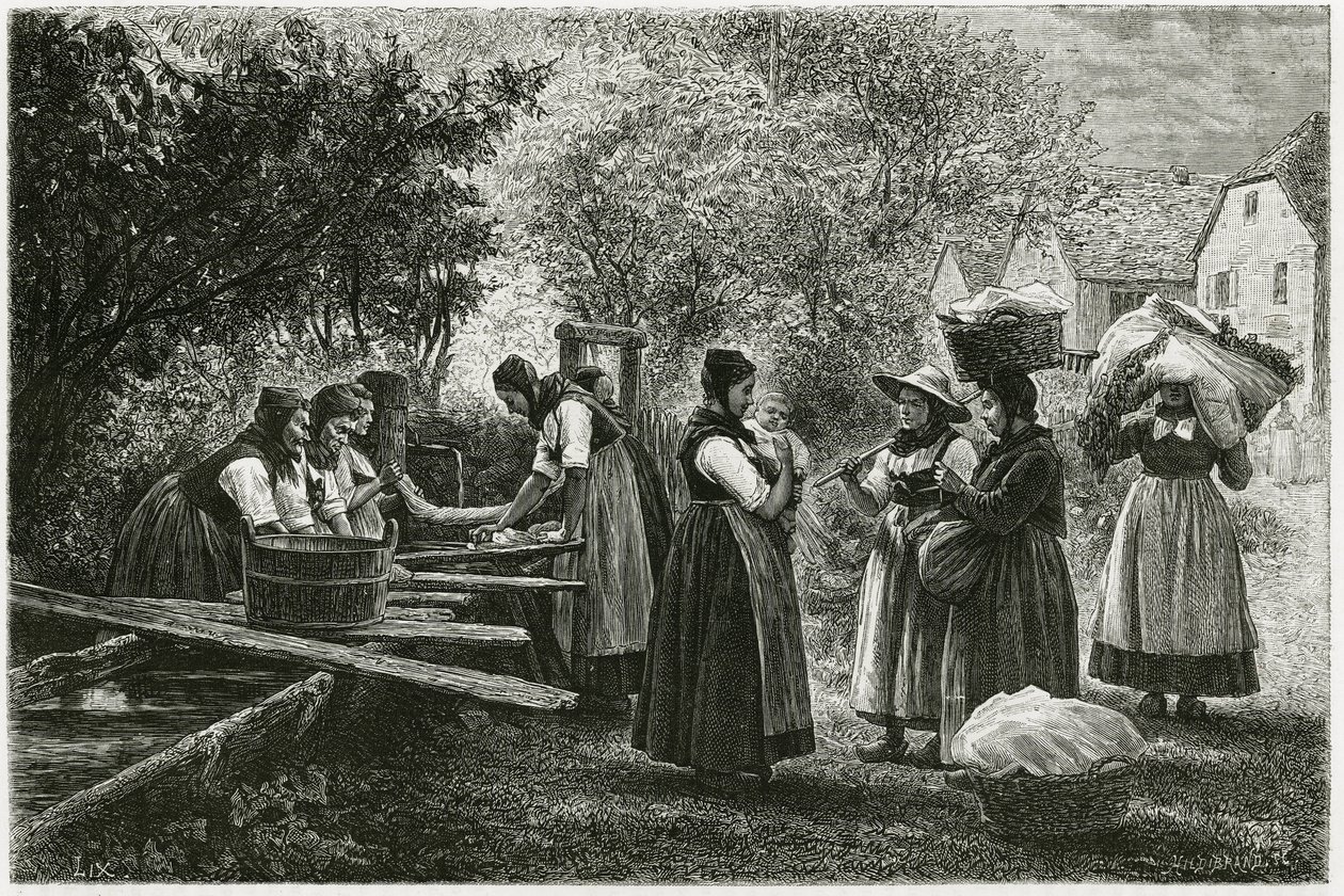 Een wasplaats in Metzeral, vrouwen in traditionele vallei-kostuums verzamelen zich bij de dorpsfontein. Gravure door E. Ronjat, ter illustratie van het verhaal 