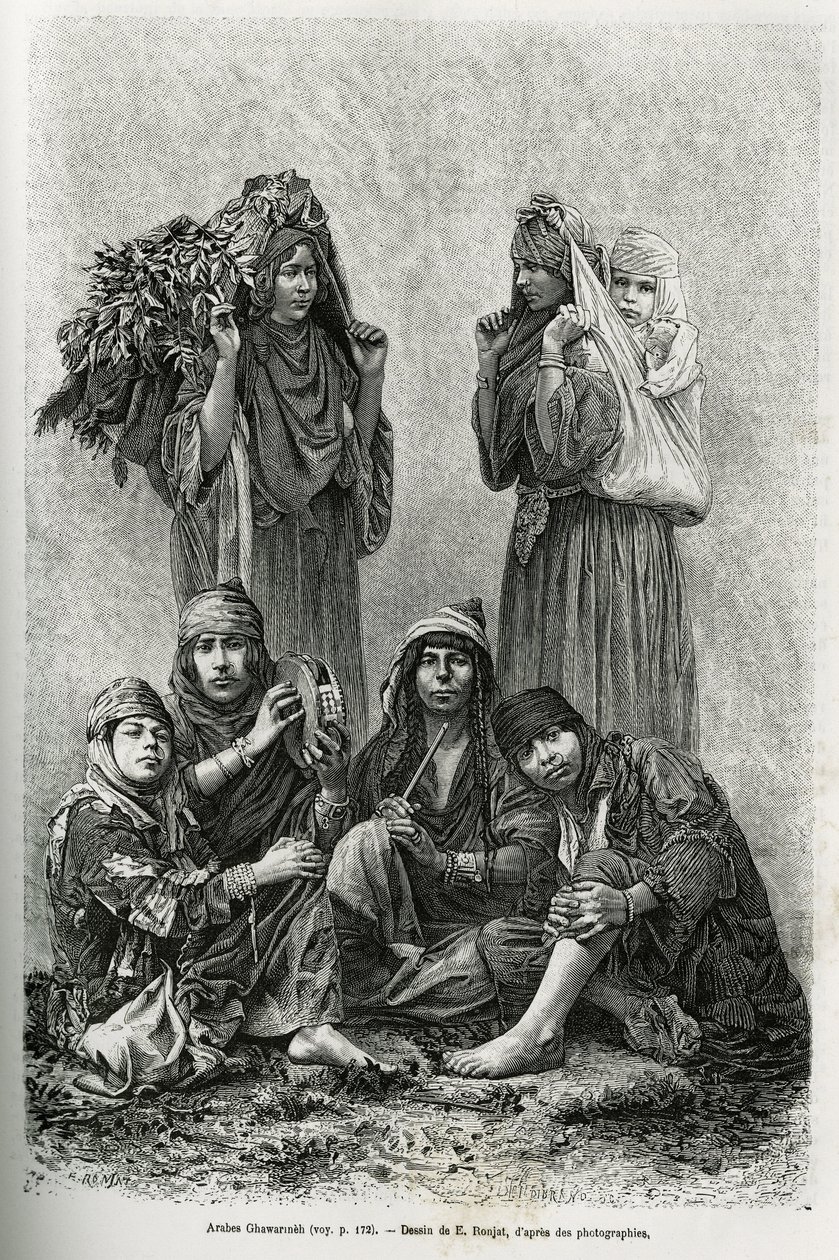 Arabs Ghawarineh, nomaden uit het Dode Zee-bekken. Gravure ter illustratie van het verhaal van het huidige Syrië door M. Lortet, decaan van de Faculteit Geneeskunde van Lyon, gepubliceerd in de Tour du monde door Etienne Antoine Eugene Ronjat
