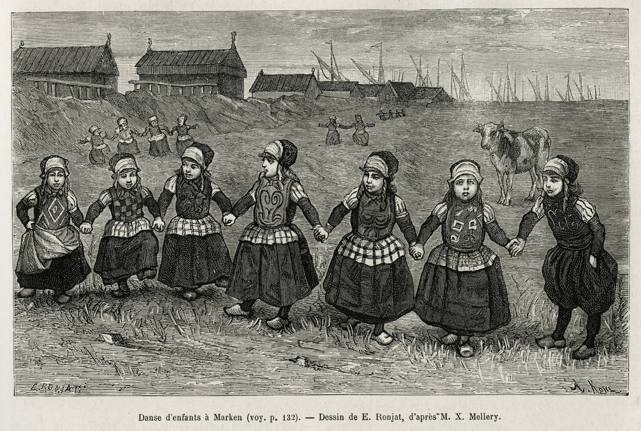 Kinderdansen in Marken (Nederland), gravure naar een tekening van E. Ronjat, illustratie van het verhaal van Nederland, door Charles de Coster, in 1878, gepubliceerd in Le tour du monde door Etienne Antoine Eugene Ronjat