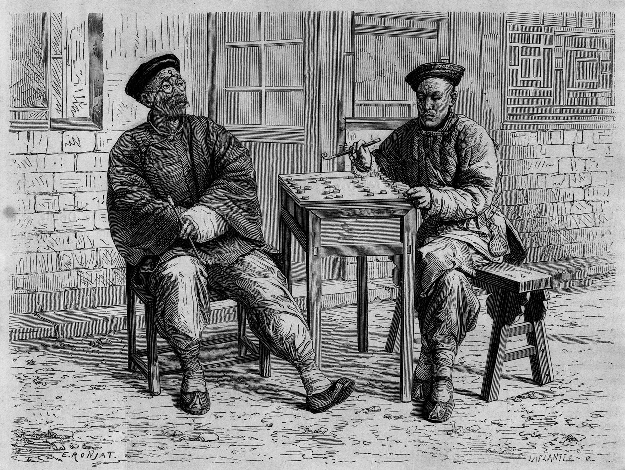 Go-spelers in de straten van Peking (Beijing) in de 19e eeuw. Gravure naar een tekening van Ronjat, naar een foto van dokter Morache, in 