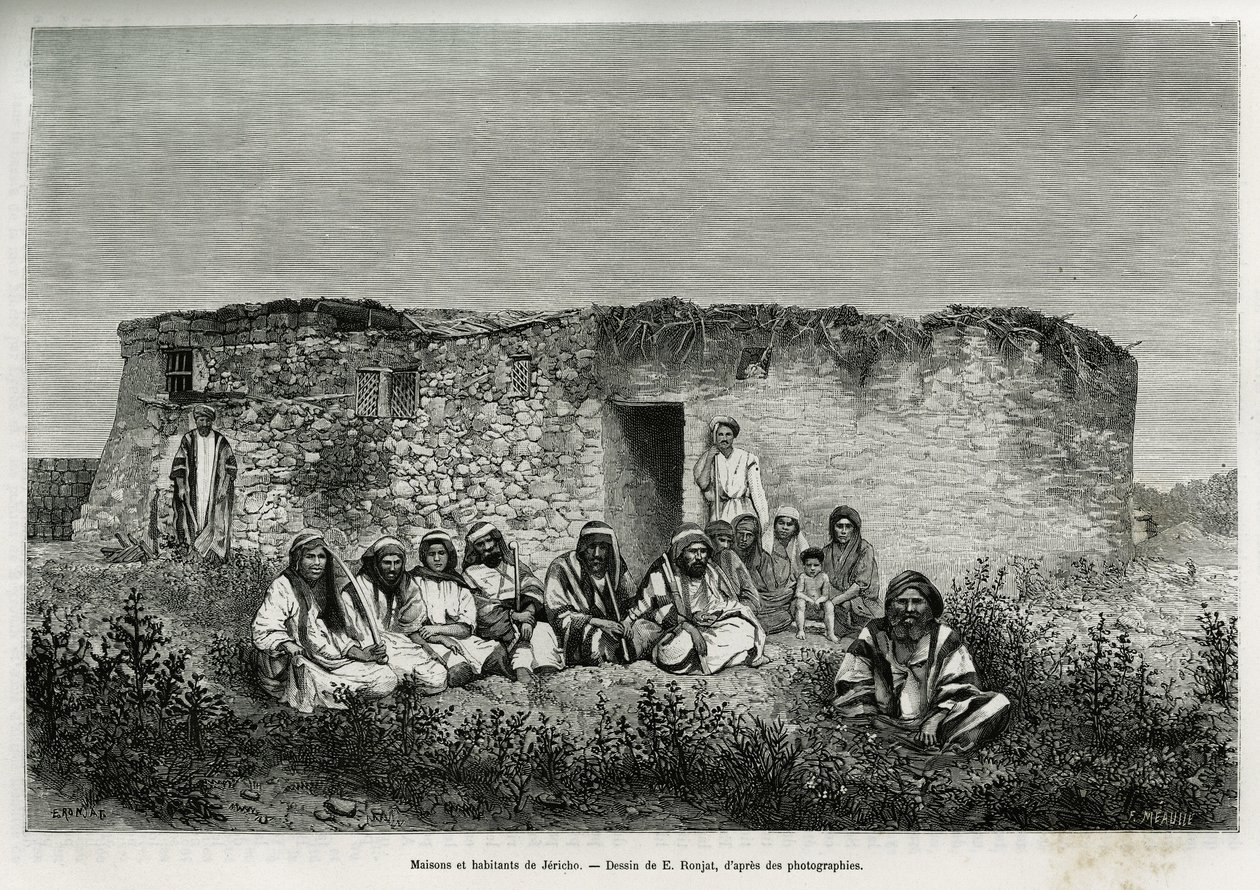 Huizen en inwoners van Jericho (Westelijke Jordaanoever). Gravure door E. Ronjat, ter illustratie van het verhaal van Syrië vandaag, door M. Lortet, decaan van de Faculteit Geneeskunde van Lyon, belast met een wetenschappelijke missie door het Ministerie v door Etienne Antoine Eugene Ronjat