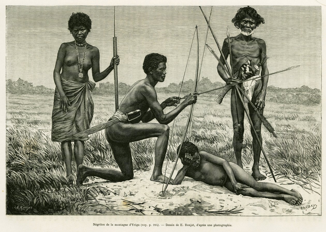 Negritos van de Yriga-berg. Gravure door E.Ronjat ter illustratie van het verhaal Lucon en Palaouan, zes jaar in de Filipijnen, door Alfred Marche (1844-1898), in le tour du monde 1886, onder leiding van Edouard Charton (1807-1890), Hachette, Parijs. door Etienne Antoine Eugene Ronjat