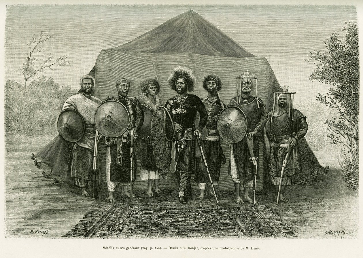 Portret van Prins Menelik II van Ethiopië (1844-1913), omringd door zijn generaals door Etienne Antoine Eugene Ronjat
