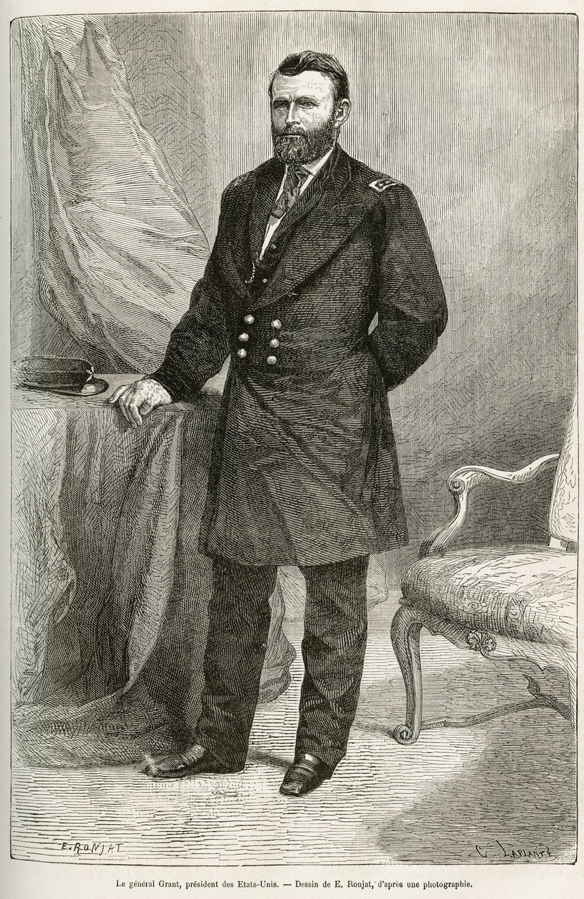 Portret van Ulysses Grant (1822-1885), Amerikaanse generaal, leider van de Unie-troepen tijdens de Secessieoorlog en 18e president van de Verenigde Staten (Verenigde Staten) voor twee termijnen van 1869 tot 1877. Gravure naar de tekening van E.Ronjat, ter  door Etienne Antoine Eugene Ronjat