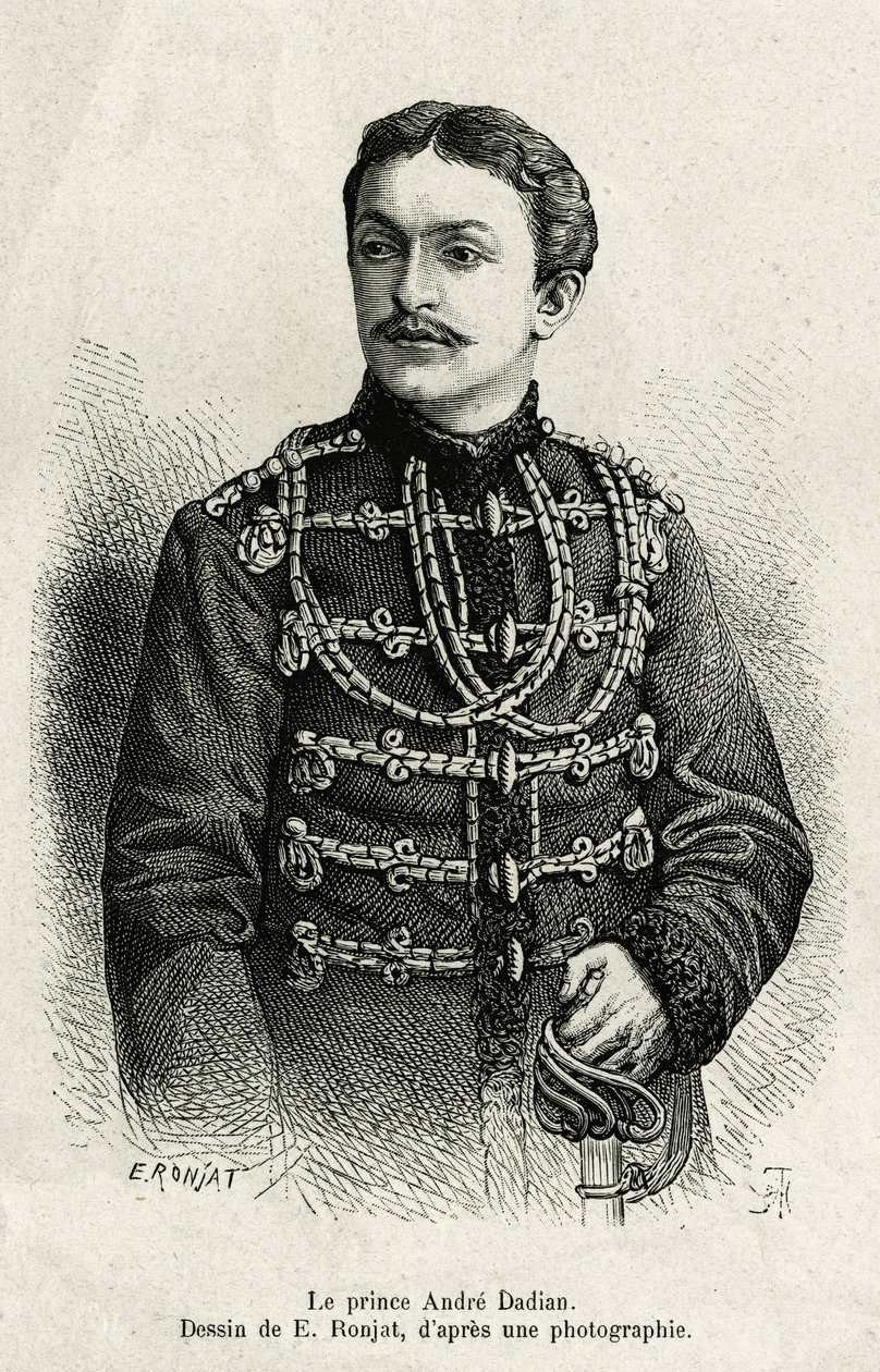 Prins Andre Dadian van Mingrelie (1850-1910), generaal van het Russische leger en schaakkampioen. Gravure door E. Ronjat, ter illustratie van het verhaal Un tour en Mingrelie (regio van Georgië, gelegen tussen de Kaukasus en de Rion), door Carla Serena, in door Etienne Antoine Eugene Ronjat