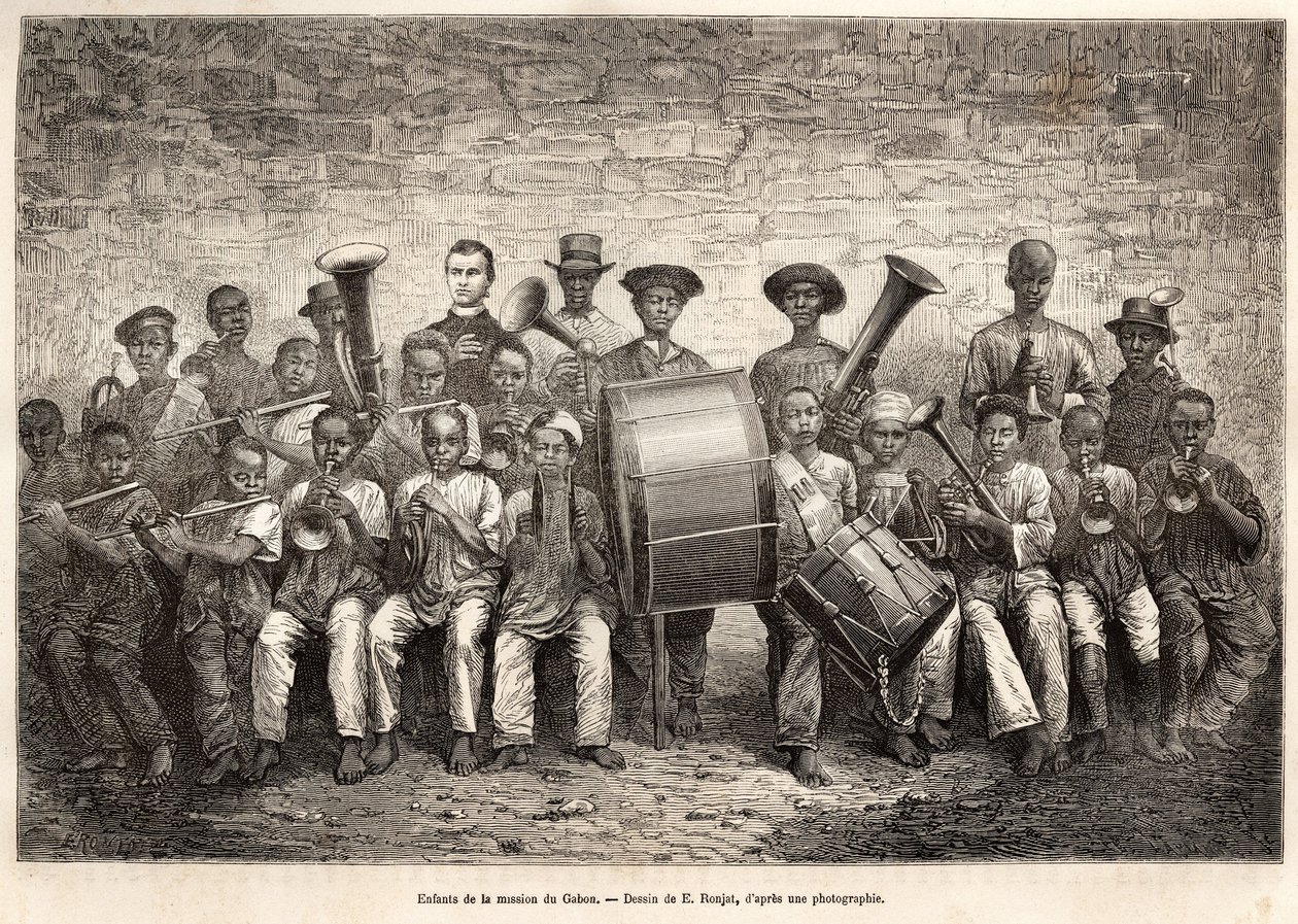 De band van de kinderen van de Gabon missie. Gravure naar de tekening van E. Ronjat, ter illustratie van de cruise langs de kust van Afrika, door vice-admiraal Fleuriot de Langle, in 1868, gepubliceerd in 