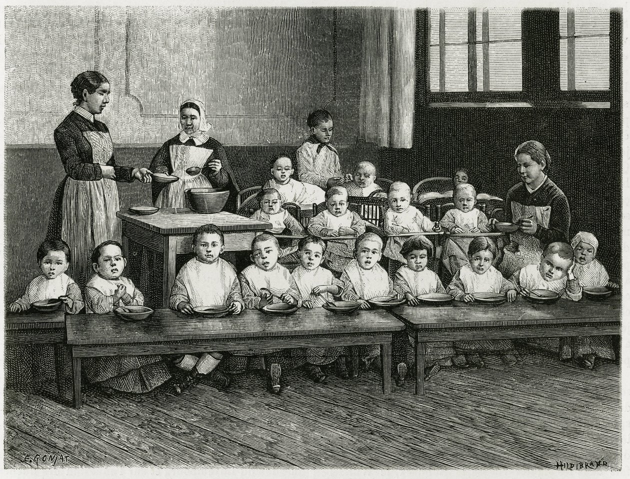 De maaltijd van de kinderen in de crèche. Gravure door E. Ronjat, ter illustratie van het verhaal 