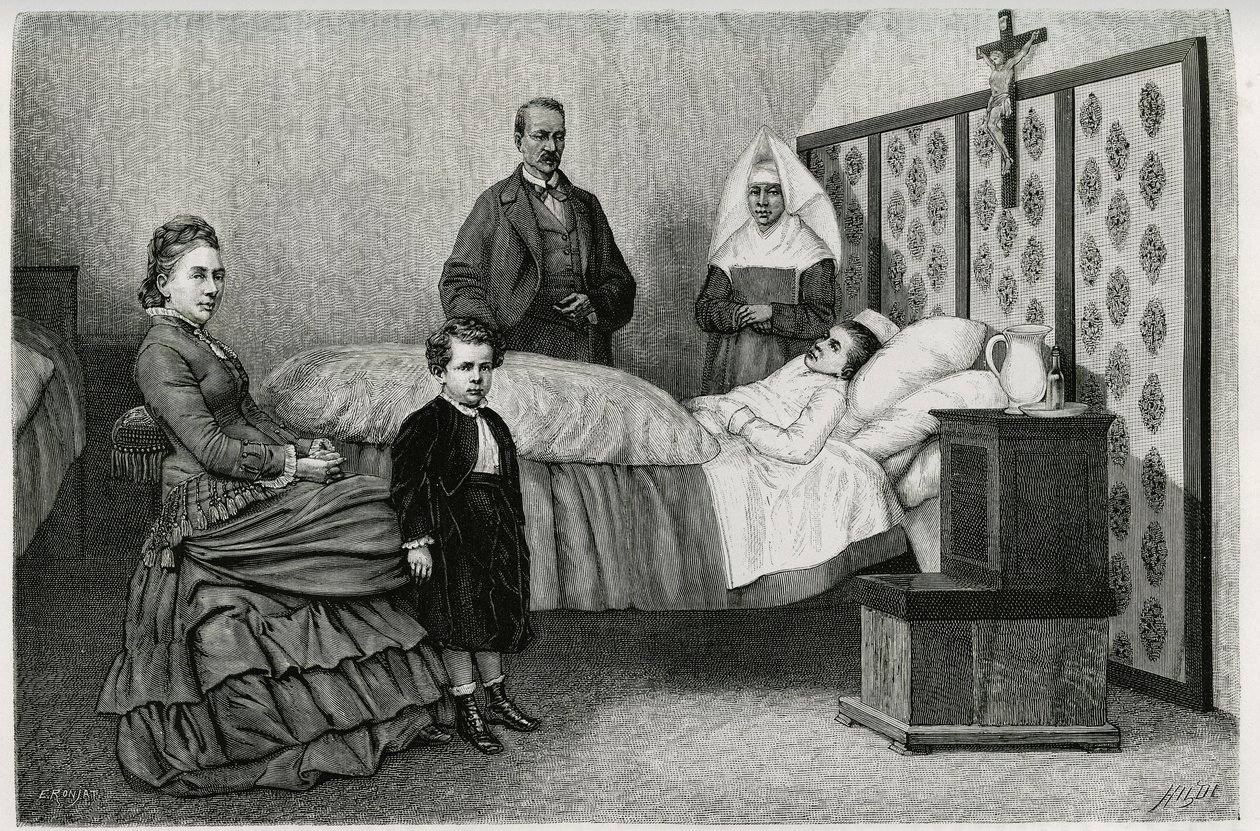 Het doktersconsult in het Logelbach-hospice. Gravure door E. Ronjat, ter illustratie van het verhaal 