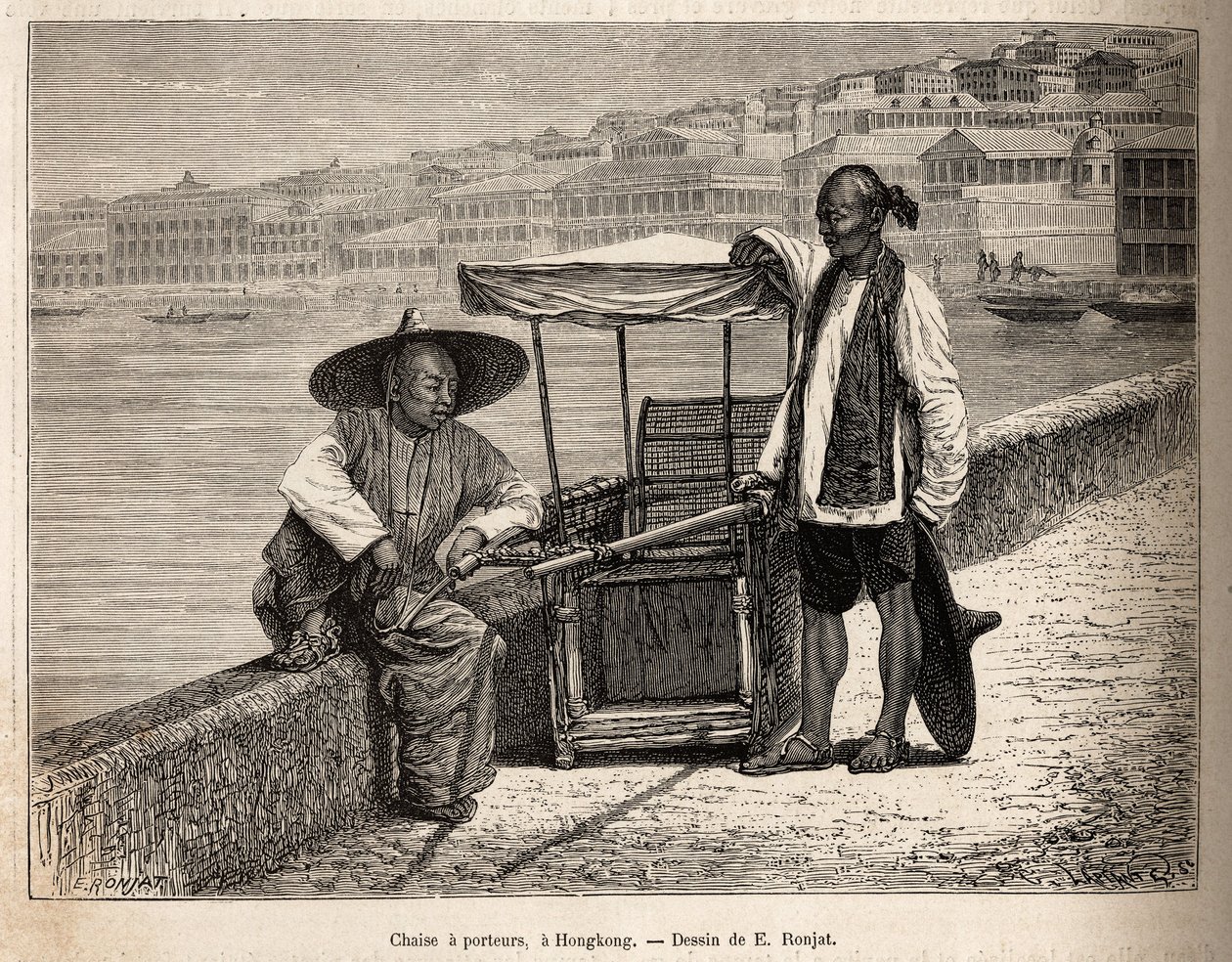 Twee dragers rusten naast hun rolstoel in Hong Kong, gravure naar een tekening van E. Ronjat ter illustratie van de reis naar China, door J. Thompson, 1870-1872, gepubliceerd in 