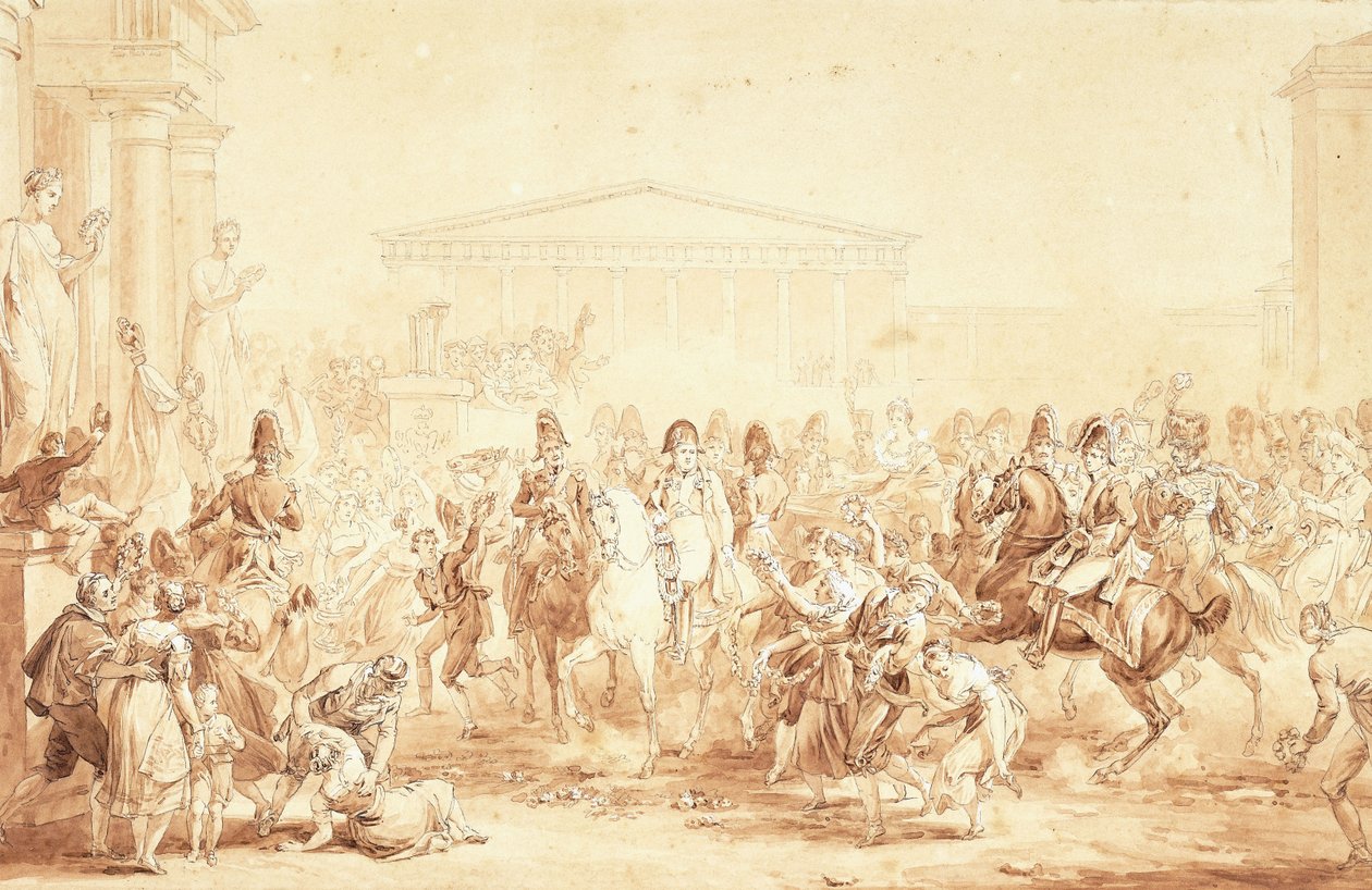 De aankomst van keizer Napoleon I met keizerin Marie-Louise bij het stadhuis van Parijs door Etienne Barthelemy Garnier