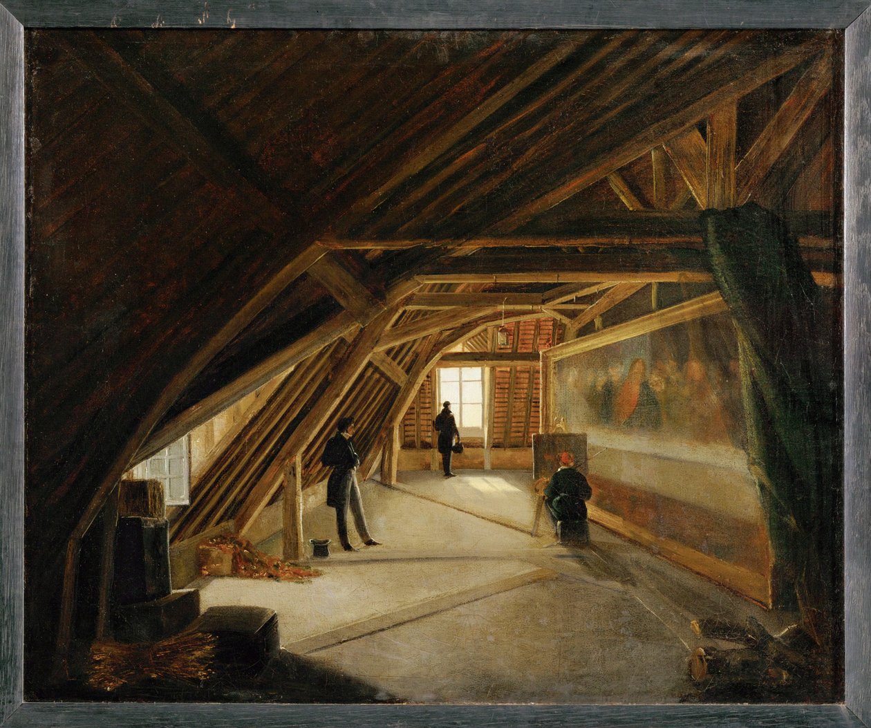 Zicht op de zolder van een museum, met een kopiist aan het werk ... door Etienne Bouhot