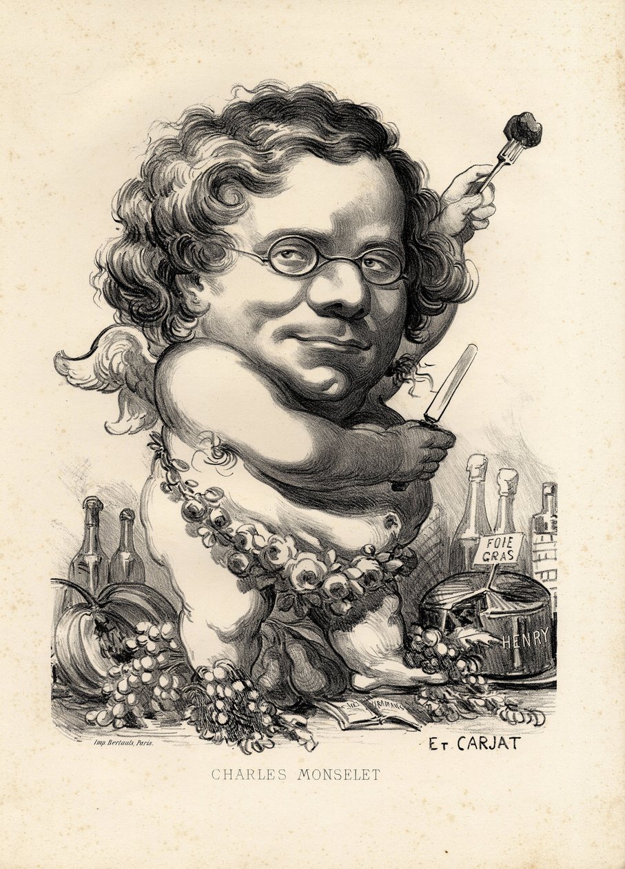 Vliegend blad - Illustratie door Etienne Carjat (1826-1906): Obesitas, Foie gras - Monselet Charles (1825-1888) door Etienne Carjat