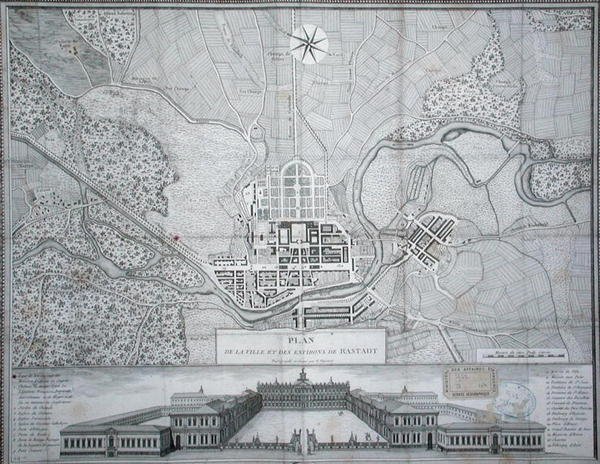 Kaart van de stad Rastadt, de omgeving en het Schloss door Etienne Claude Voysard
