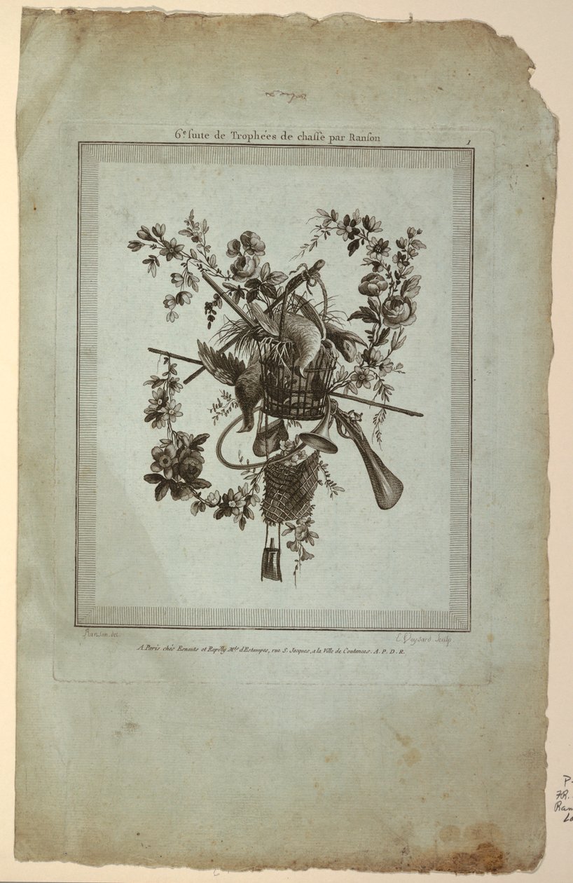 Trofee met Jachtgereedschap, Plaat 1 uit "Suite de Trophées de chasse," Suite VI door Etienne Claude Voysard