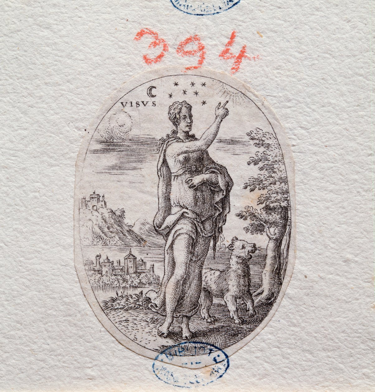 Allegorie van het zicht, een vrouw wijst naar de hemel (gravure) door Etienne Delaune