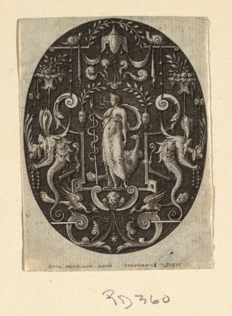 Juno, uit de serie Grotesken op Zwarte Achtergrond, Godheden en Allegorieën door Etienne Delaune