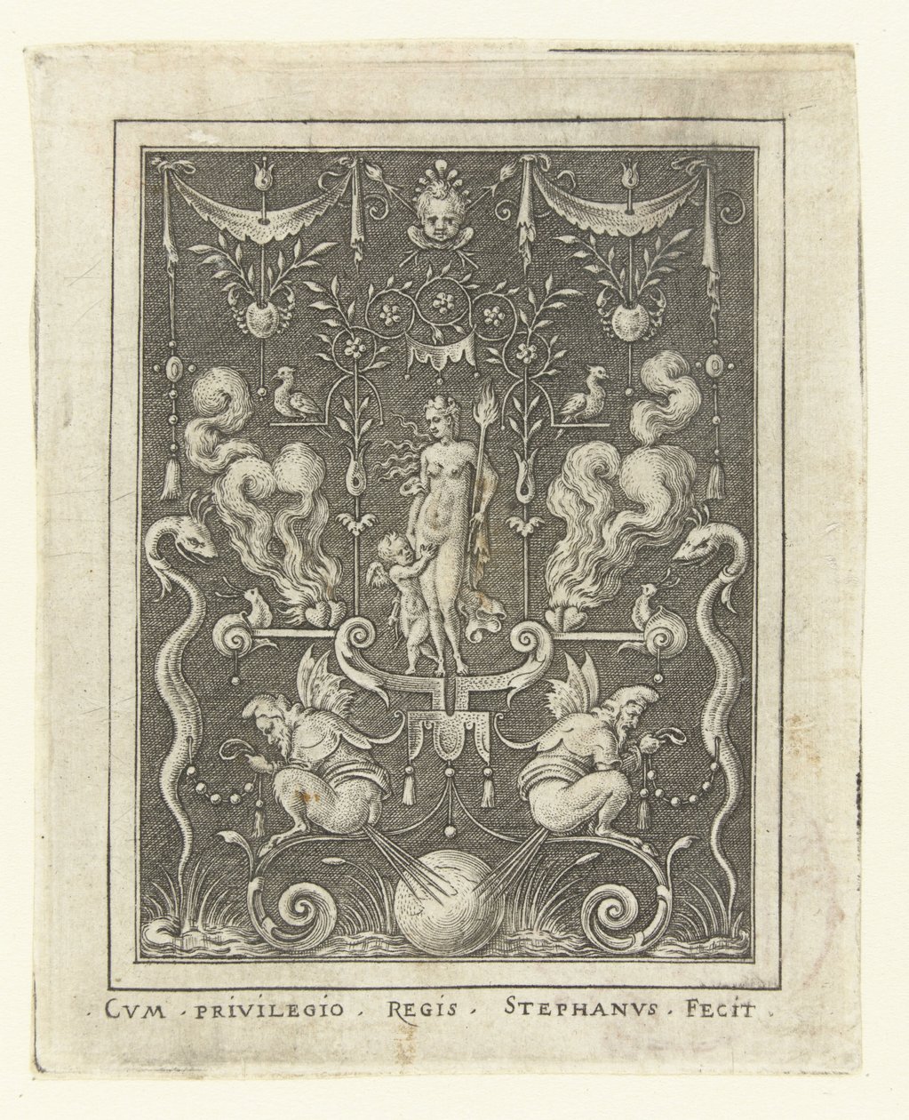 Venus met Amor tussen vier brandende harten door Etienne Delaune