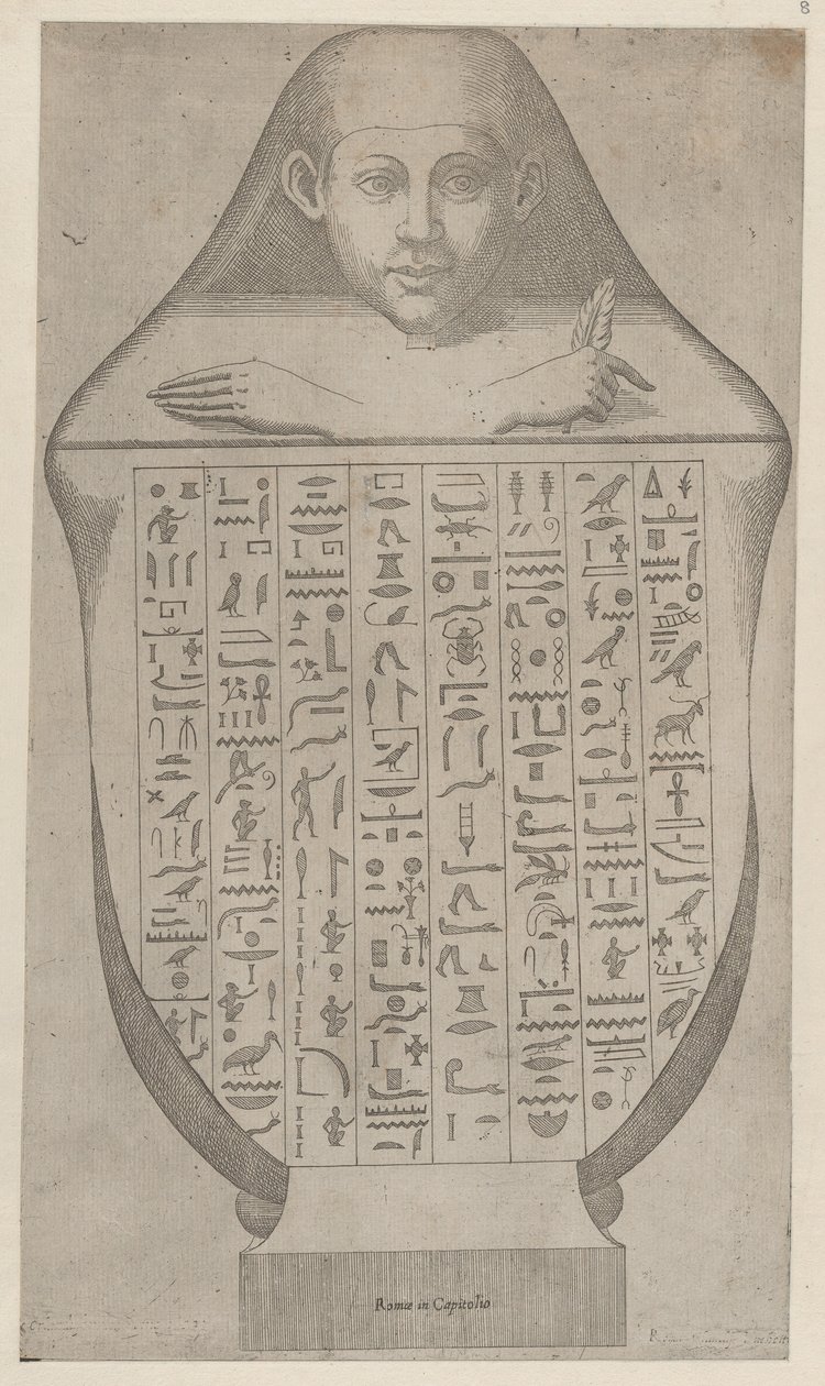 Speculum Romanae Magnificentiae: Gezicht van een Egyptische kanopische vaas door Etienne DuPérac.