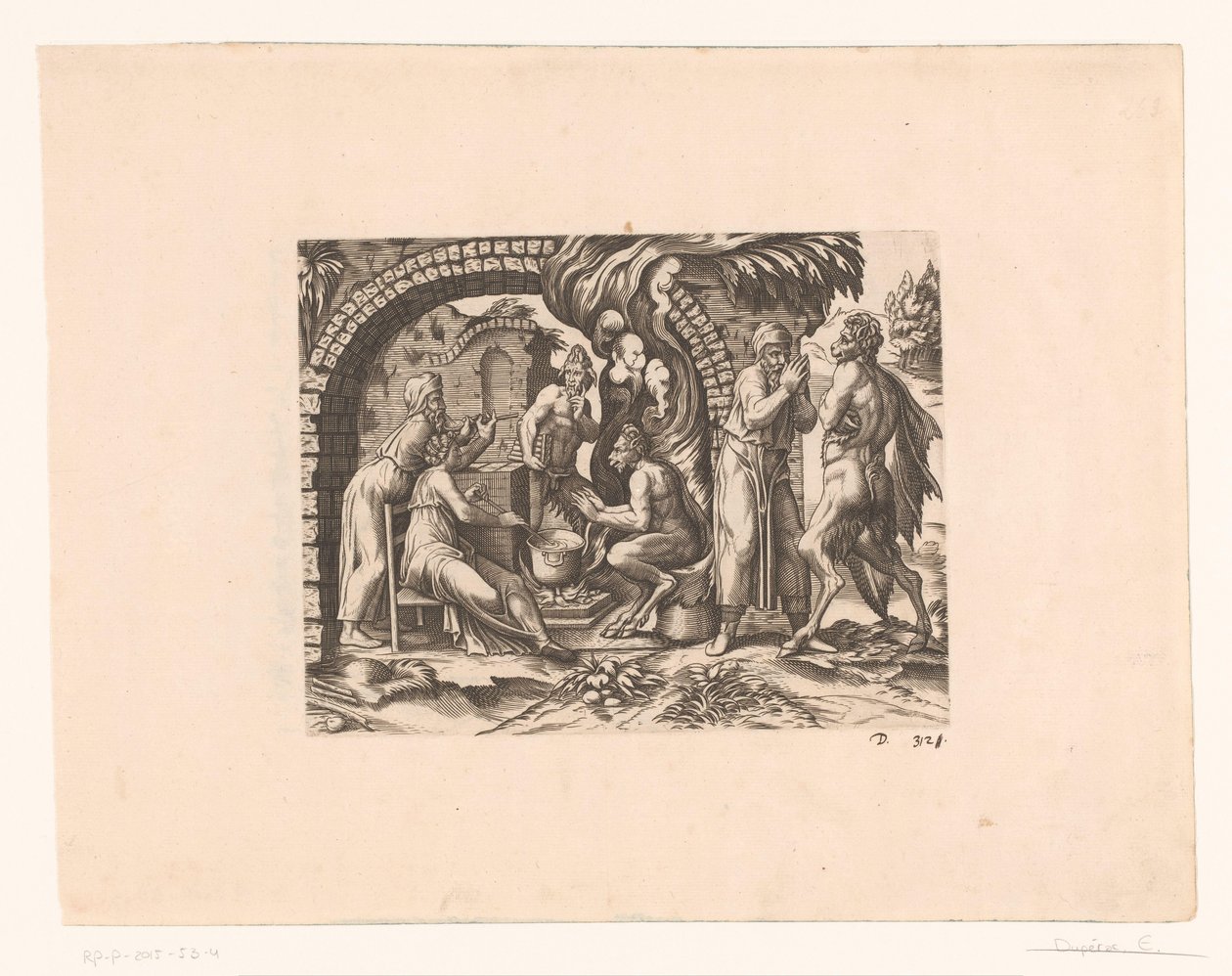 Fabel van de sater en de boer die in zijn soep en in zijn handen blaast door Etienne Dupérac (attributed to)