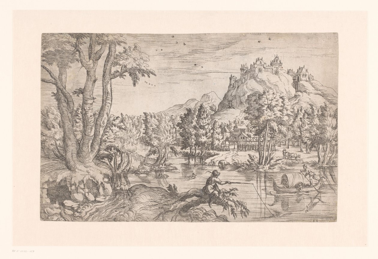 Landschap met visser en kasteel op bergtop door Etienne Dupérac (attributed to)