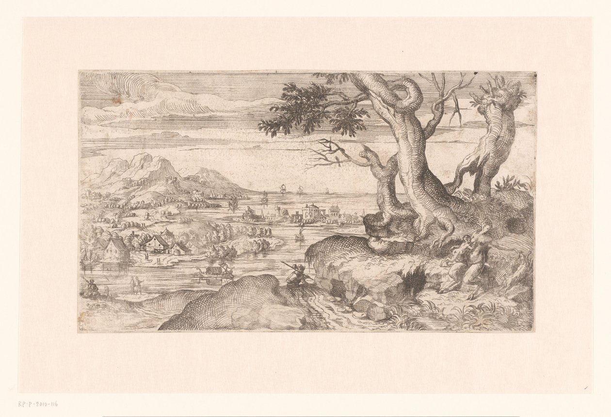 Landschap met vrouwelijke sater die een saterkind voedt door Etienne Dupérac (attributed to)