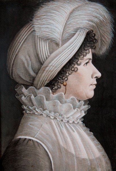 Portret van een vrouw met een hoed versierd met een veer door Etienne Esperance Bouchardy