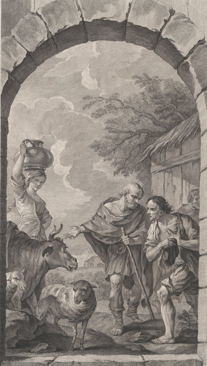 De kapel van de Enfants-Trouvés in Parijs: Groep herders voor een hut door Etienne Fessard