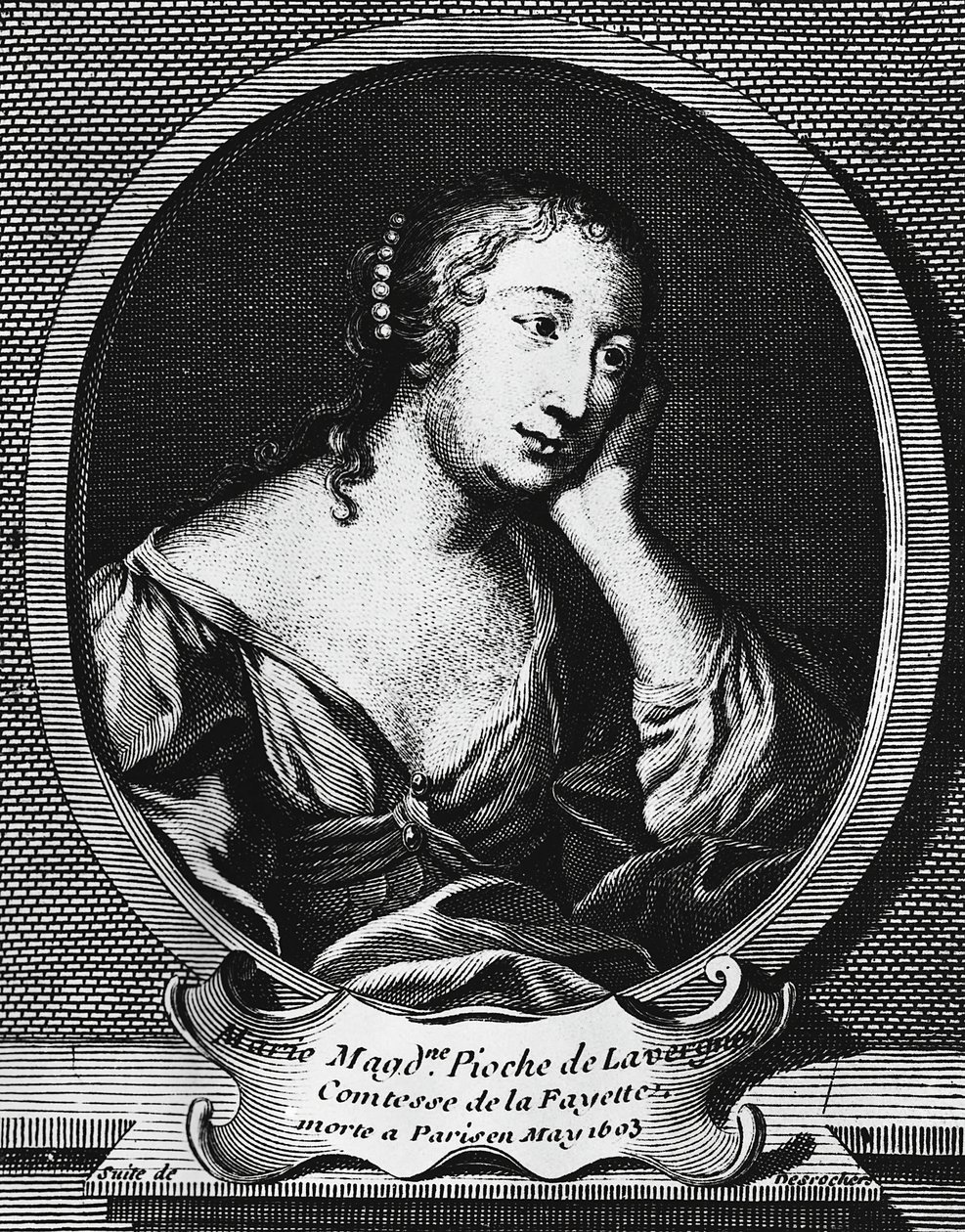 Medailonportret van Marie-Madeleine Pioche de La Vergne, gravin de La Fayette, Franse romanschrijfster, gravure door Etienne Jehandier Desrochers door Etienne Jehandier Desrochers