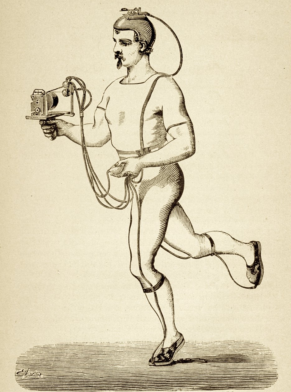 Loper voorzien van het apparaat bedoeld om zijn verschillende passen te registreren, uit de Popular Science Monthly, gepubliceerd 1875 door Etienne Jules Marey