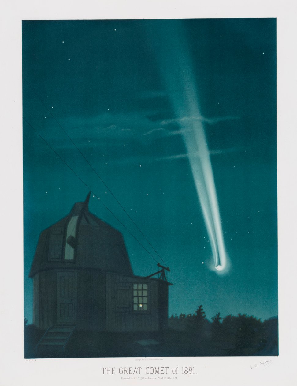De Grote Komeet van 1881, waargenomen in de nacht van 25-26 juni, om 1u30 AM, pub. 1881 door Étienne Léopold Trouvelot