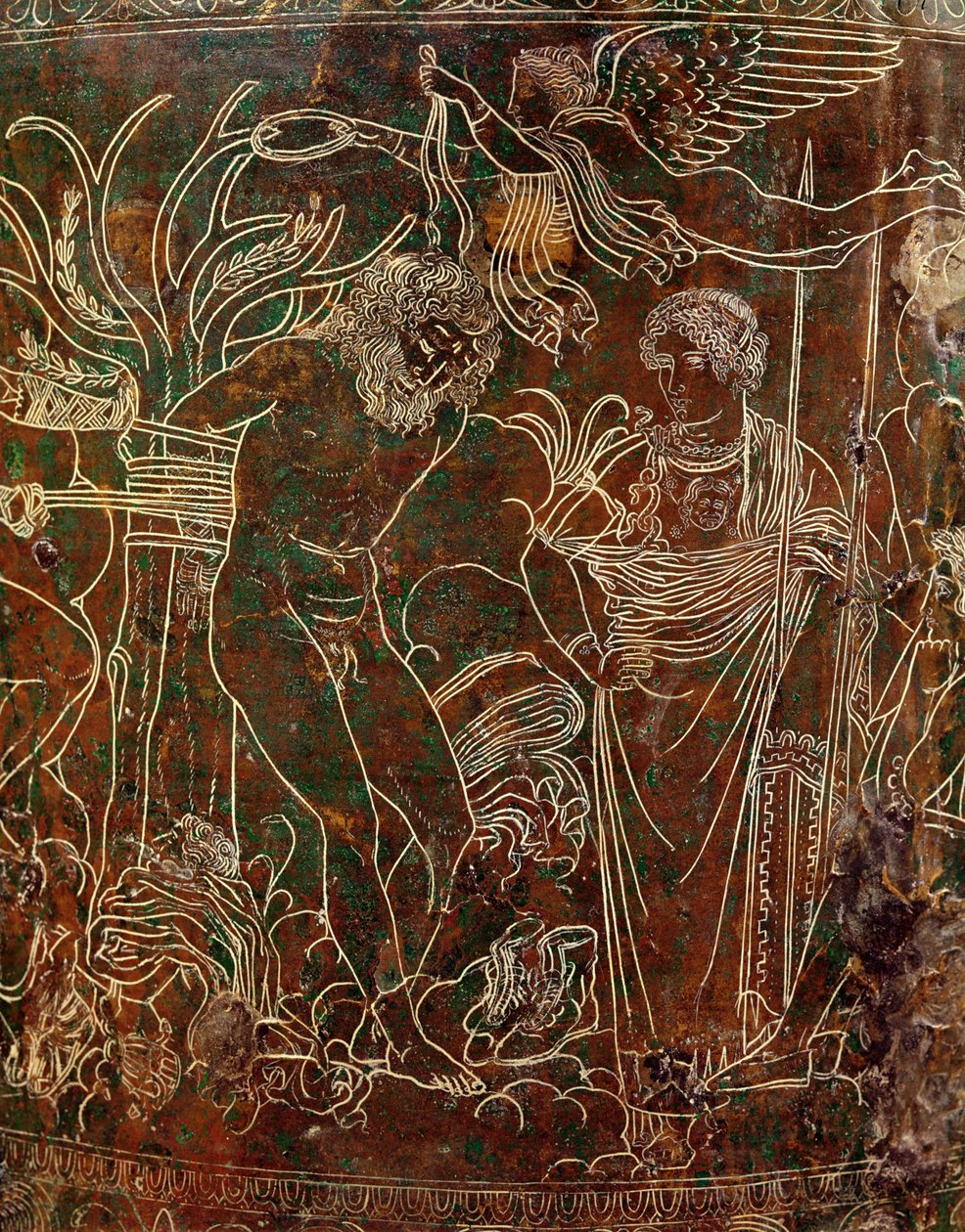 Amycus vastgebonden aan een boom door Pollux, detail van de Ficoroni Cista, uit Palestrina door Etruscan