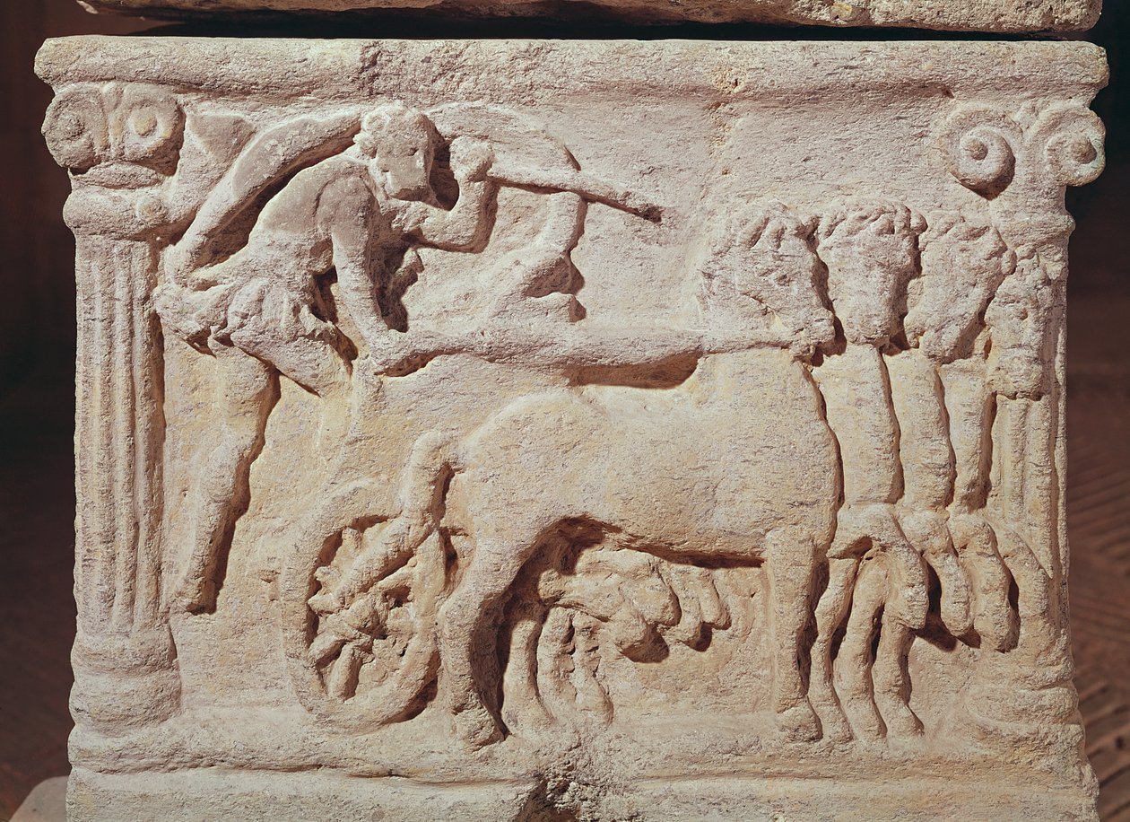 Detail van een quadriga van een sarcofaag, Man met een kalf door Etruscan