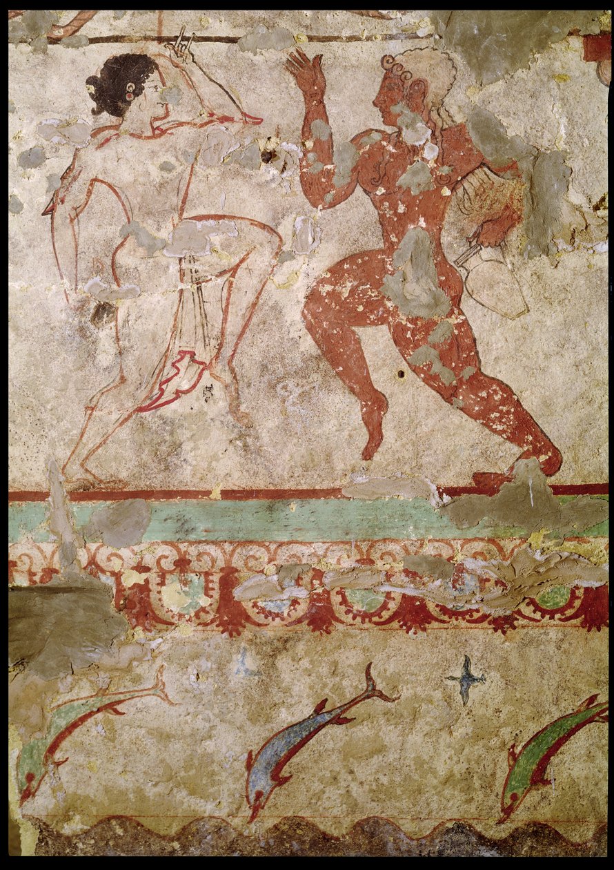 Twee dansers en dolfijnen die door golven springen, fries uit het graf van de Leeuwinnen in de necropolis, ca. 520 v.Chr. door Etruscan