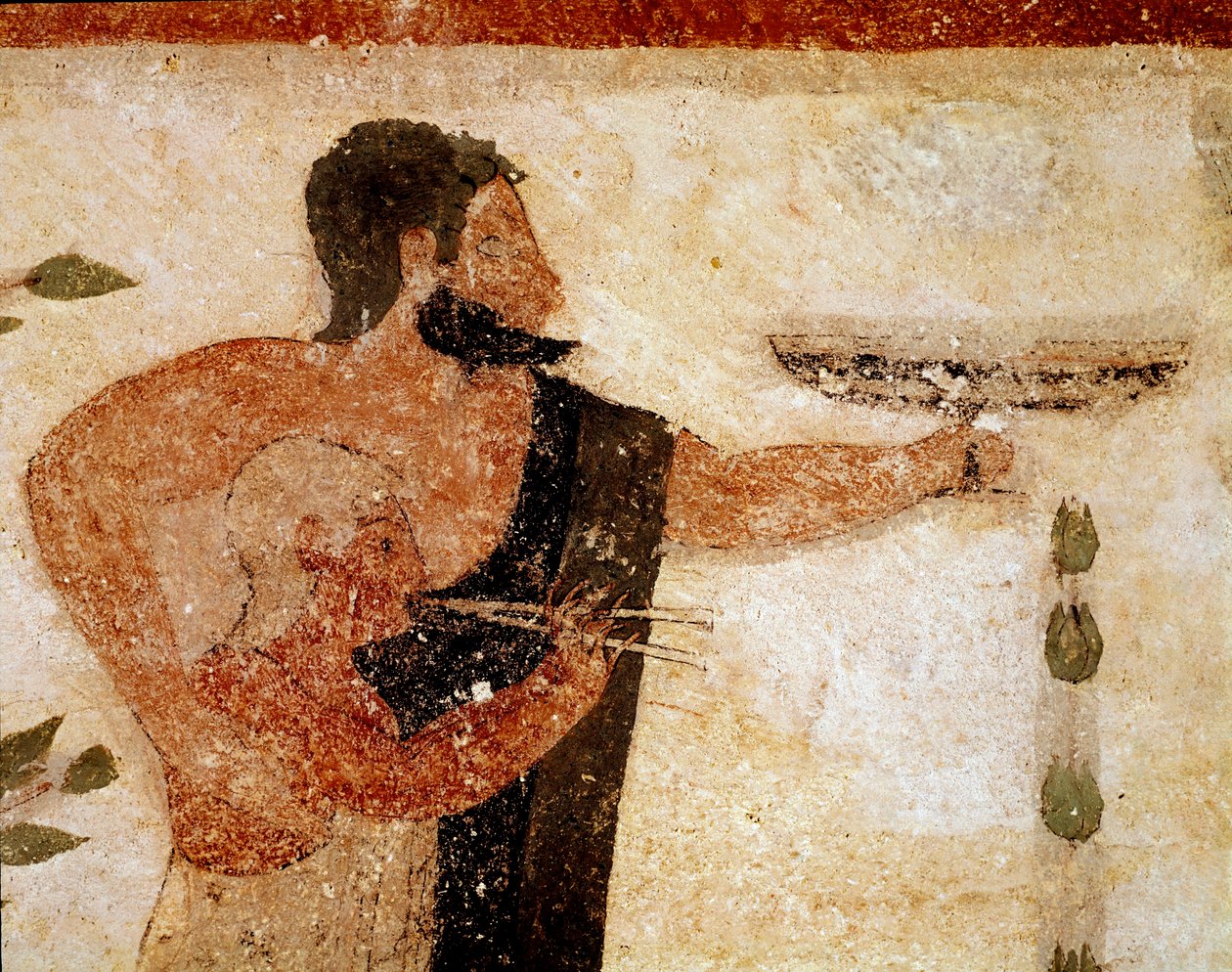 Een bebaarde man die een beker aanbiedt, naast hem een muzikant (detail van fresco, 530 v.Chr.) door Etruscan