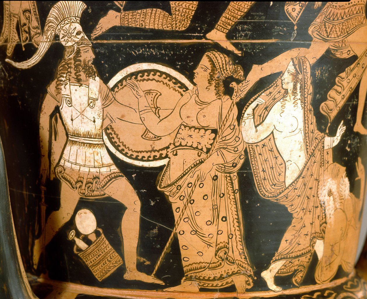 Etruskische oudheid: krater in bel die de vernietiging van Troje voorstelt: detail van Menelas tegenover Aphrodite, Helene is rechts afgebeeld. Van Falerii Veteres (Civita Castellana). 350-300 v.Chr. Rome, Museo Nazionale di Villa Giulia door Etruscan