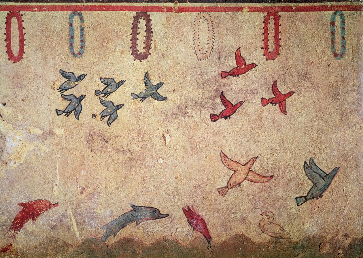Watervogels en springende dolfijnen, uit het Graf van Jagen en Vissen, c.520-10 v.Chr. door Etruscan